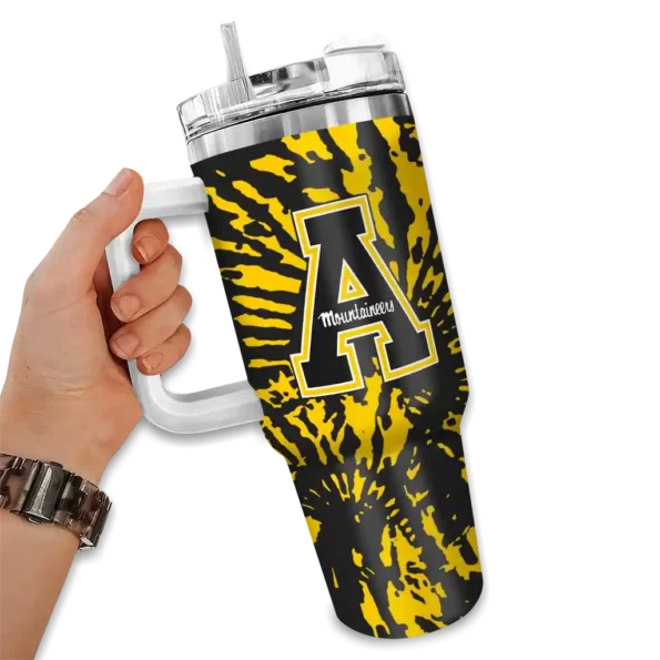 custom appalachian state mountaineers burst swirl black curved tumbler fashion forward.webp