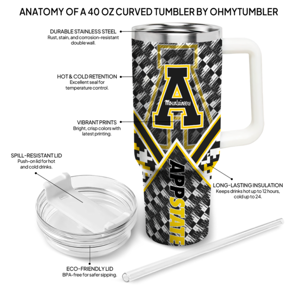 custom appalachian state mountaineers chevron angle black curved tumbler new arrival.webp