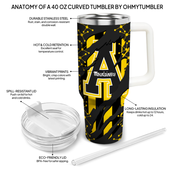 custom appalachian state mountaineers claw cut black curved tumbler new arrival.webp
