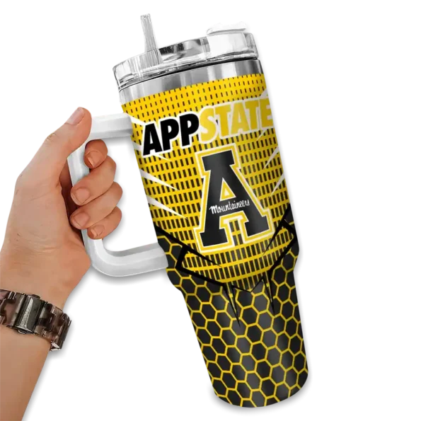 custom appalachian state mountaineers hex texture black curved tumbler fashion forward.webp