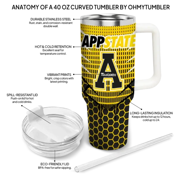 custom appalachian state mountaineers hex texture black curved tumbler new arrival.webp