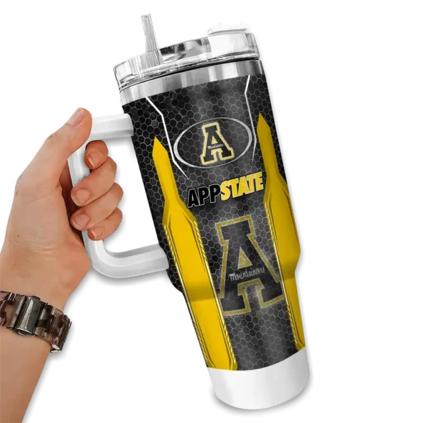 custom appalachian state mountaineers hexagon armor black curved tumbler fashion forward.webp