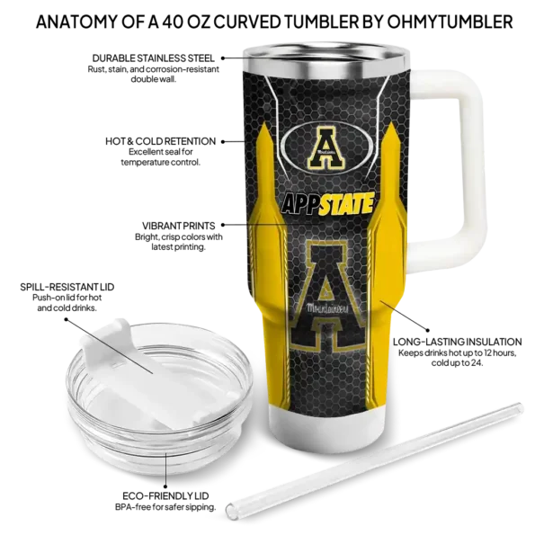 custom appalachian state mountaineers hexagon armor black curved tumbler new arrival.webp