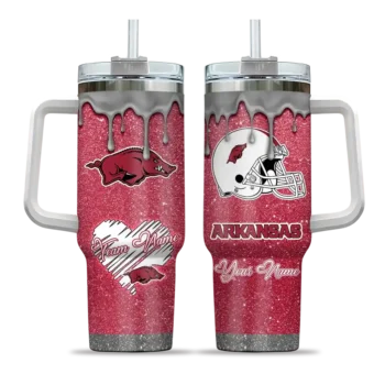 custom arkansas razorbacks heart helmet motif red curved tumbler best selling.webp