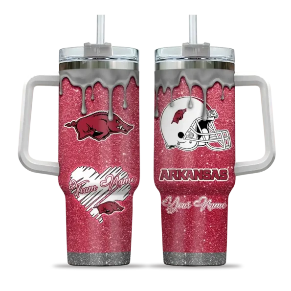 custom arkansas razorbacks heart helmet motif red curved tumbler best selling.webp