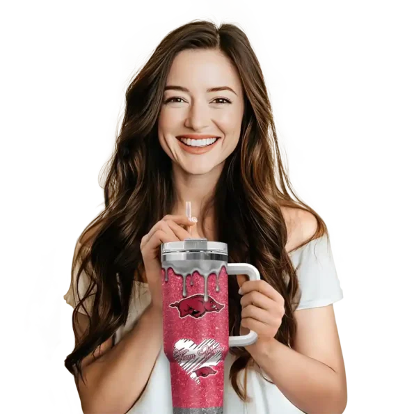 custom arkansas razorbacks heart helmet motif red curved tumbler premium grade.webp