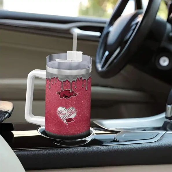 custom arkansas razorbacks heart helmet motif red curved tumbler trendy.webp