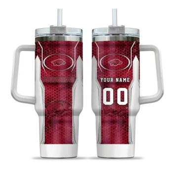 custom arkansas razorbacks hexagon armor red curved tumbler best selling.webp