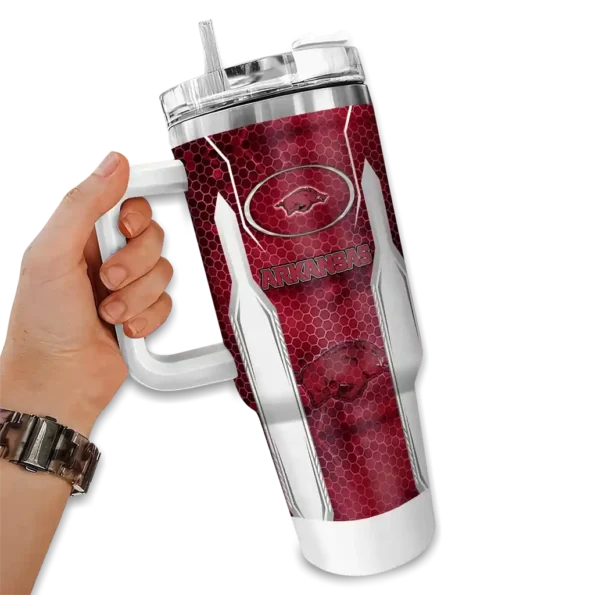 custom arkansas razorbacks hexagon armor red curved tumbler fashion forward.webp