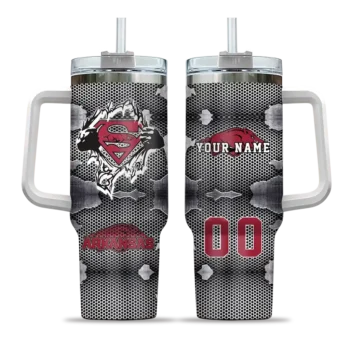 custom arkansas razorbacks superman shield red gray curved tumbler best selling.webp