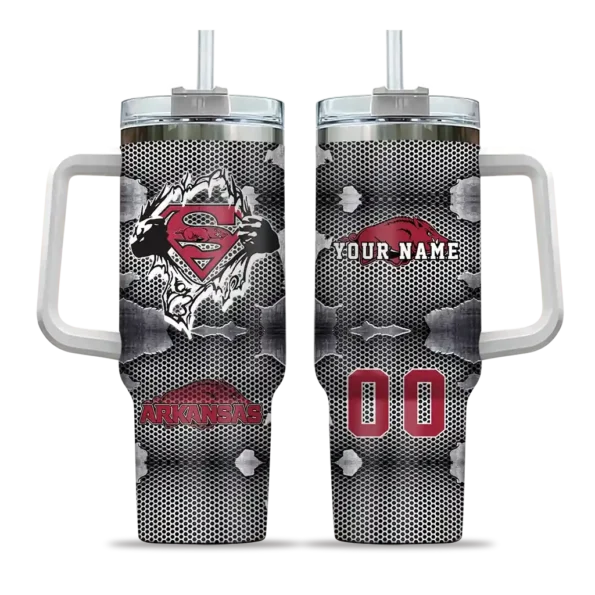 custom arkansas razorbacks superman shield red gray curved tumbler best selling.webp