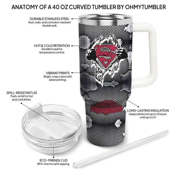custom arkansas razorbacks superman shield red gray curved tumbler new arrival.webp