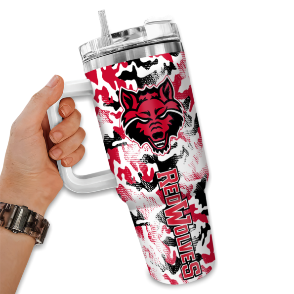 custom arkansas state red wolves camo mashup scarlet white curved tumbler fashion forward.webp