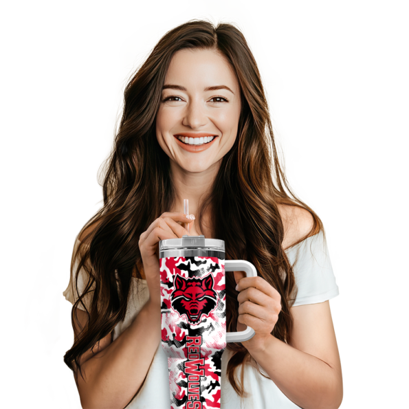 custom arkansas state red wolves camo mashup scarlet white curved tumbler premium grade.webp
