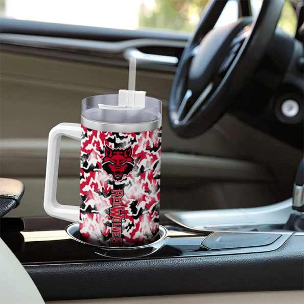 custom arkansas state red wolves camo mashup scarlet white curved tumbler trendy.webp