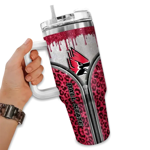custom ball state cardinals leopard zipper red curved tumbler fashion forward.webp