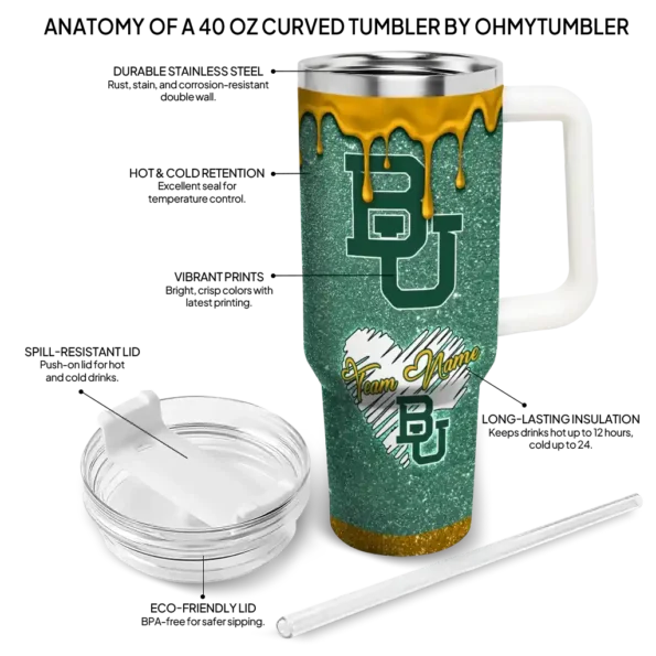 custom baylor bears heart helmet motif green curved tumbler new arrival.webp
