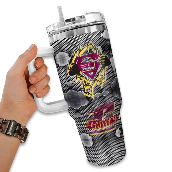 custom central michigan chippewas superman shield maroon gray curved tumbler fashion forward.webp