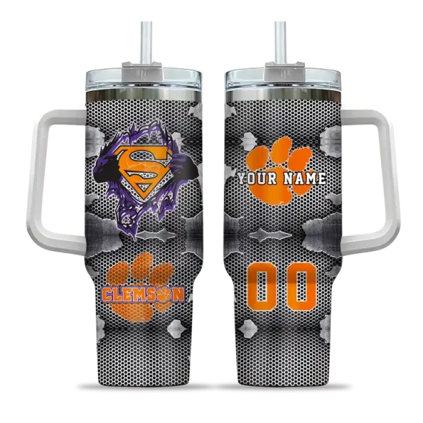 custom clemson tigers superman shield orange gray curved tumbler best selling
