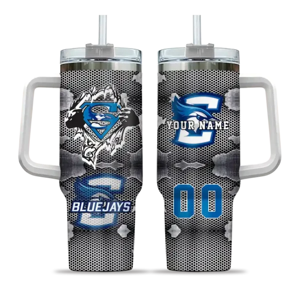 custom creighton bluejays superman shield blue gray curved tumbler best selling