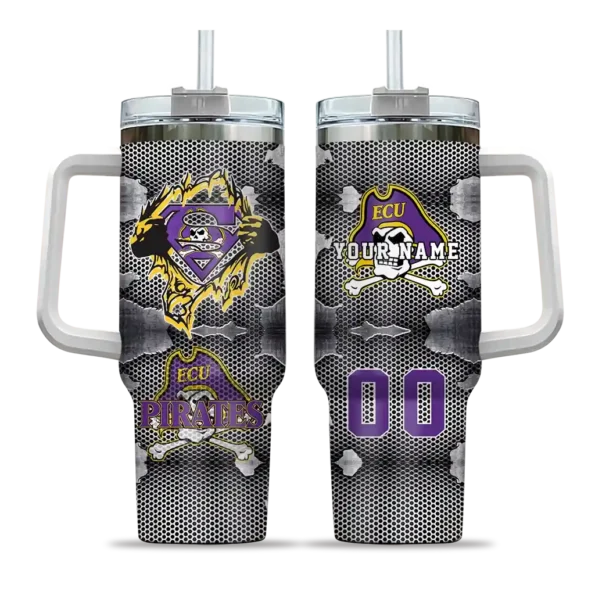 custom east carolina pirates superman shield purple gray curved tumbler best selling