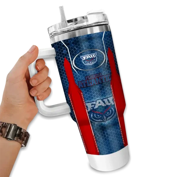 custom florida atlantic owls hexagon armor blue curved tumbler fashion forward.webp