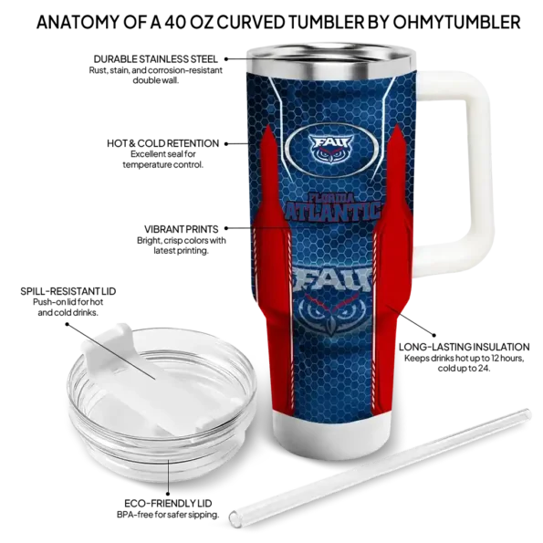 custom florida atlantic owls hexagon armor blue curved tumbler new arrival.webp