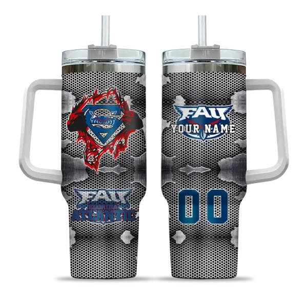 custom florida atlantic owls superman shield blue gray curved tumbler best selling.webp