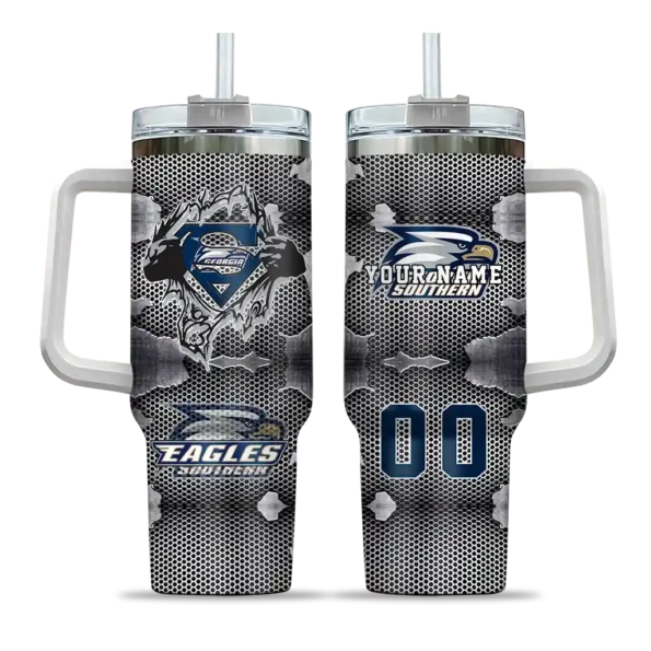 custom georgia southern eagles superman shield blue gray curved tumbler best selling.webp