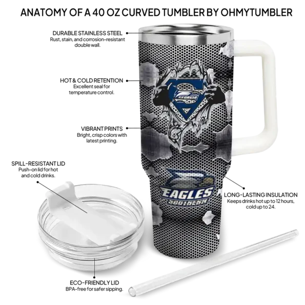 custom georgia southern eagles superman shield blue gray curved tumbler new arrival.webp