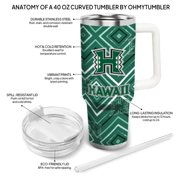 custom hawaii rainbow warriors bold diamonds green curved tumbler new arrival.webp
