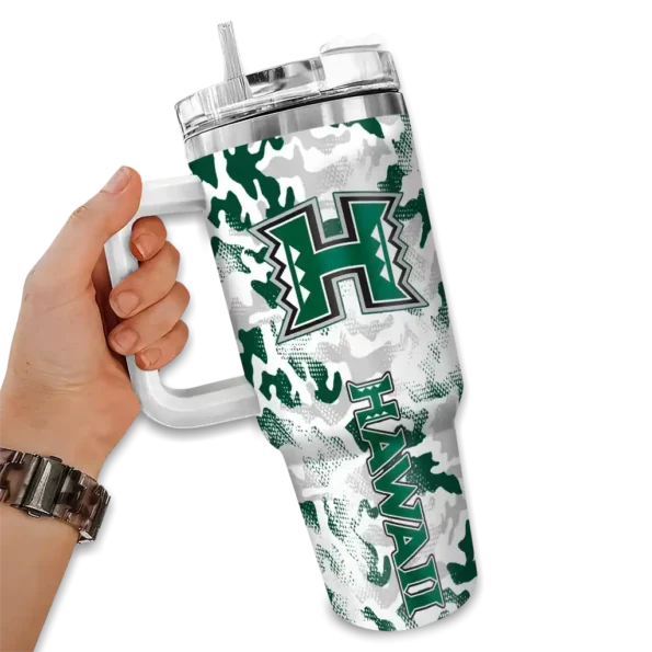 custom hawaii rainbow warriors camo mashup green white curved tumbler fashion forward.webp