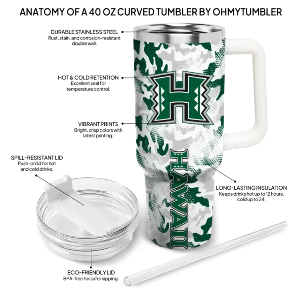 custom hawaii rainbow warriors camo mashup green white curved tumbler new arrival.webp