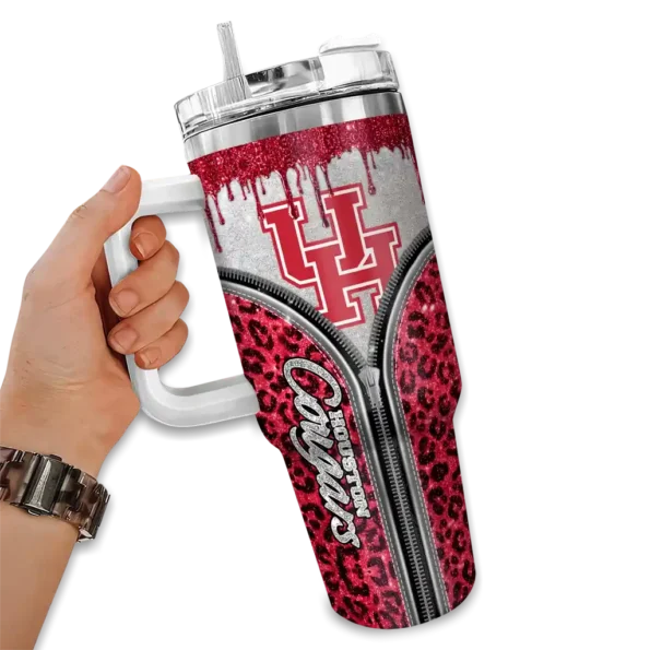 custom houston cougars leopard zipper red curved tumbler fashion forward.webp