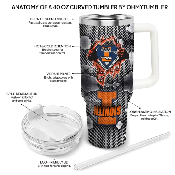 custom illinois fighting illini superman shield blue gray curved tumbler new arrival.webp