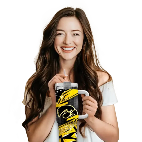 custom iowa hawkeyes abstract paths black curved tumbler premium grade.webp