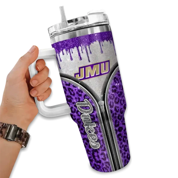 custom james madison dukes leopard zipper purple curved tumbler fashion forward.webp