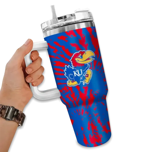 custom kansas jayhawks burst swirl blue curved tumbler fashion forward.webp