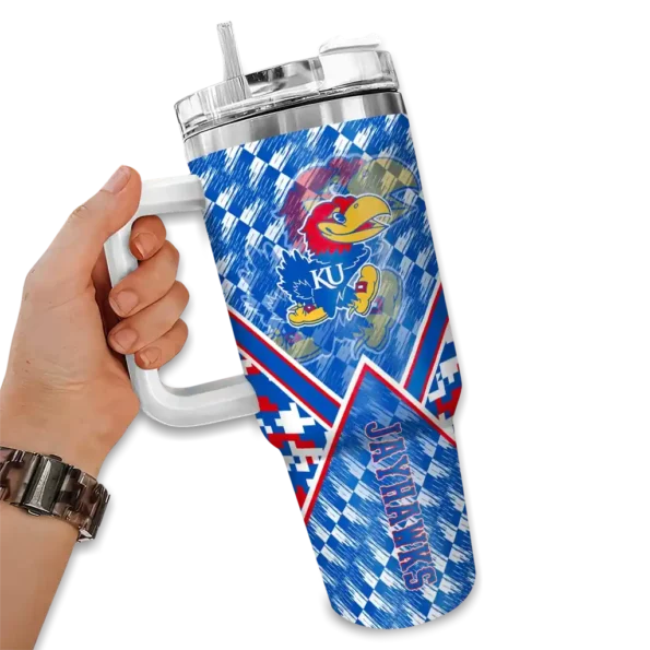 custom kansas jayhawks chevron angle blue curved tumbler fashion forward.webp