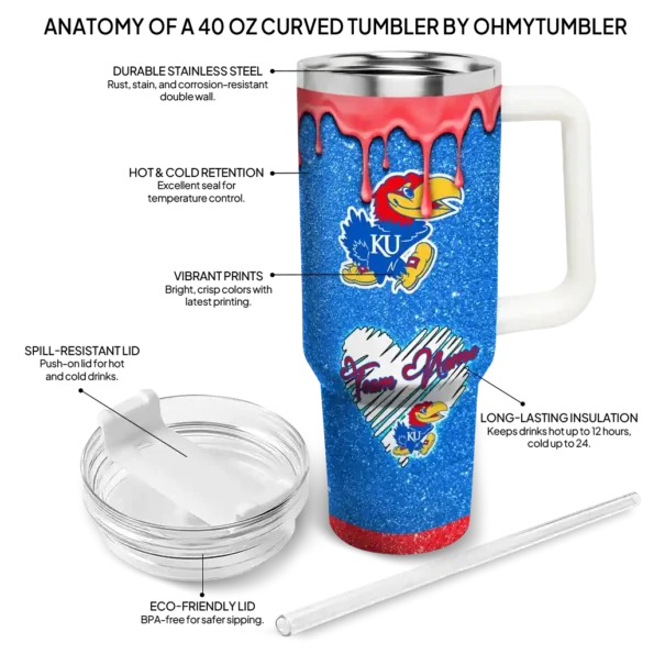 custom kansas jayhawks heart helmet motif blue curved tumbler new arrival.webp