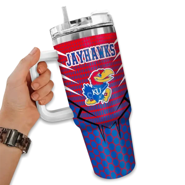 custom kansas jayhawks hex texture blue curved tumbler fashion forward.webp