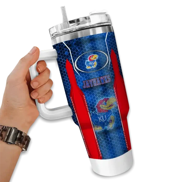 custom kansas jayhawks hexagon armor blue curved tumbler fashion forward.webp