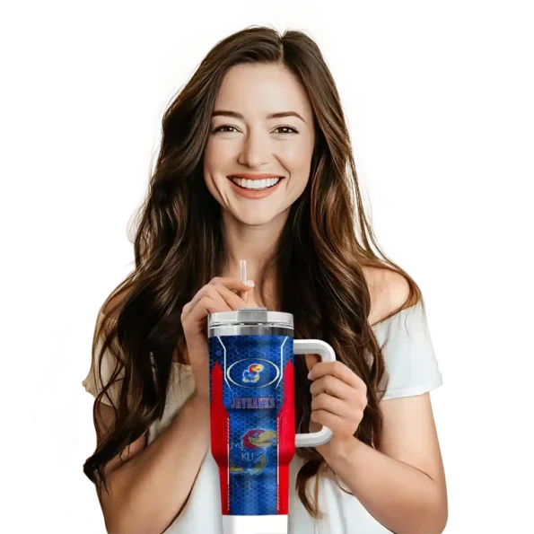 custom kansas jayhawks hexagon armor blue curved tumbler premium grade.webp
