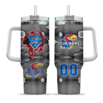 custom kansas jayhawks superman shield blue gray curved tumbler best selling.webp
