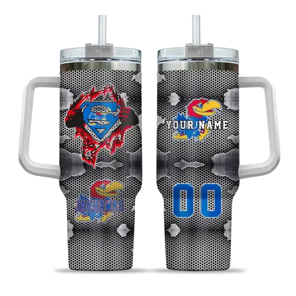 custom kansas jayhawks superman shield blue gray curved tumbler best selling.webp