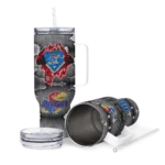 custom kansas jayhawks superman shield blue gray curved tumbler best selling.webp