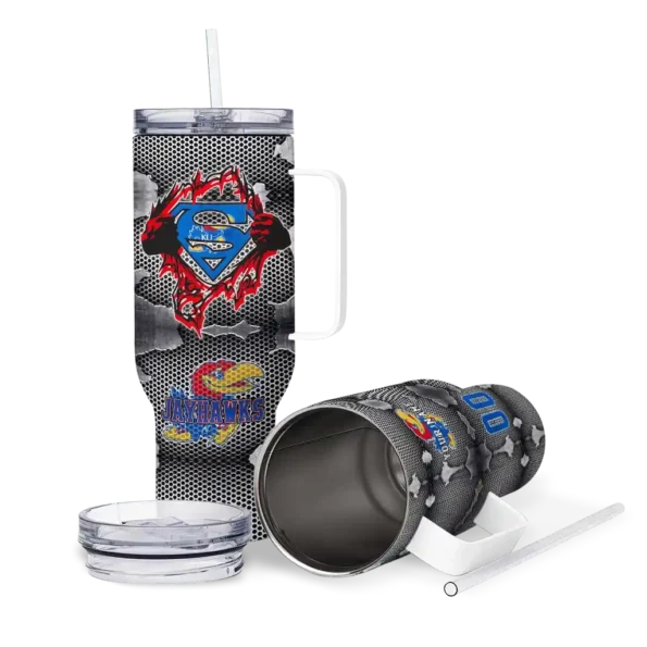 custom kansas jayhawks superman shield blue gray curved tumbler high quality.webp