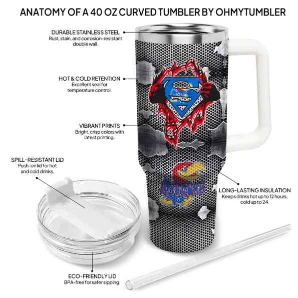 custom kansas jayhawks superman shield blue gray curved tumbler new arrival.webp