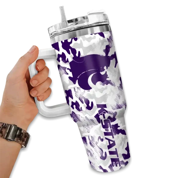 custom kansas state wildcats camo mashup purple white curved tumbler fashion forward.webp