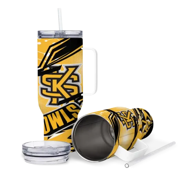 custom kennesaw state owls abstract paths gold curved tumbler high quality.webp